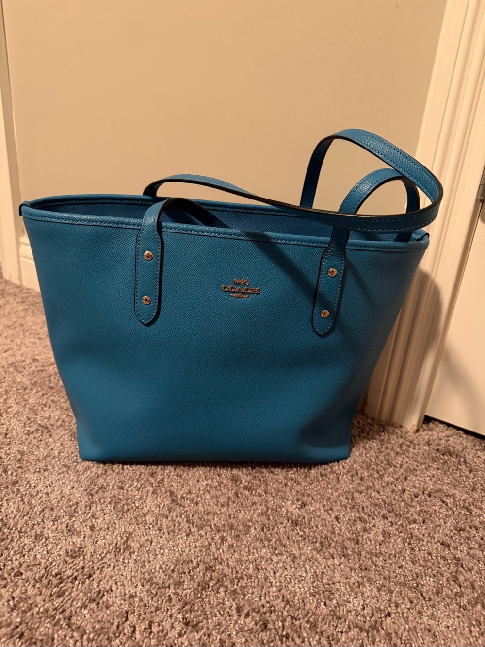 Coach Teal Leather Tote with Gold-Tone Logo